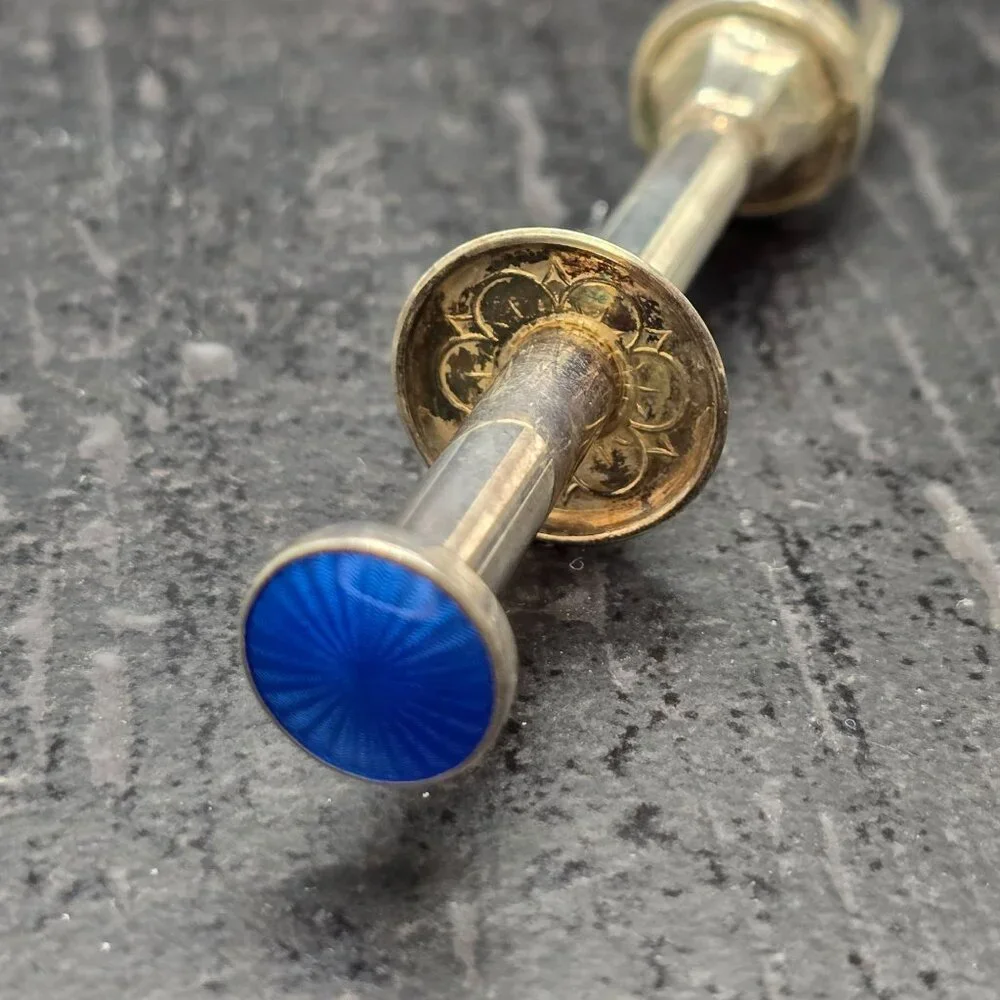Vintage Silver Mechanical Sugar or Ice Tongs Blue Enamel Button Accents HS259